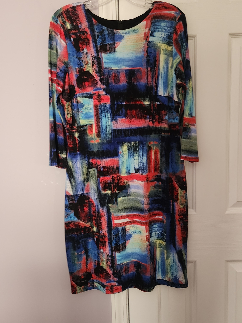 Karen Kane Abstract Brushstroke Midi Dress in Blue, Red, Green and Black